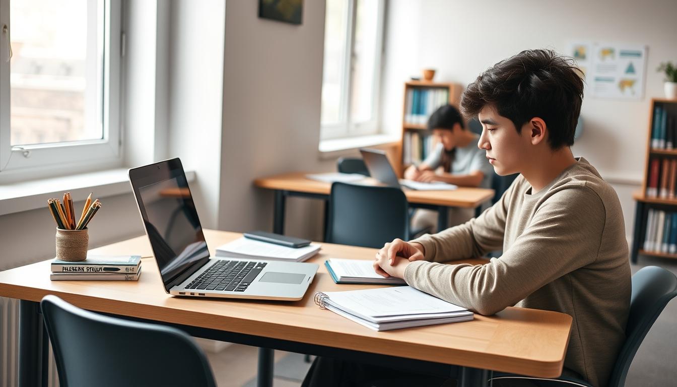 Students studying together in modern classroom